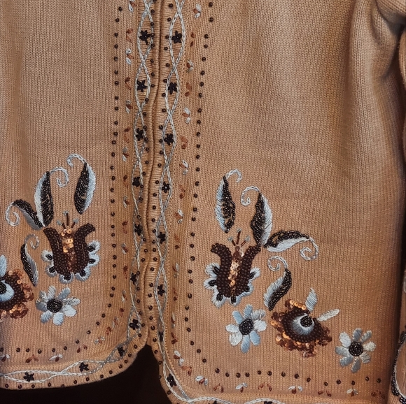 Storybook zip sweater highly detailed beading trim beige tan medium - Picture 5 of 5